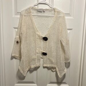 Nina Leonard Cream Open-Knit Cardigan with Button Details